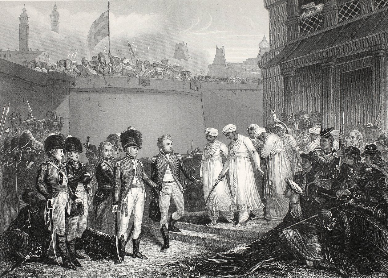 The Surrender of Two Sons of Tippoo Sultaun, engraved by A.H. Payne by Henry Singleton