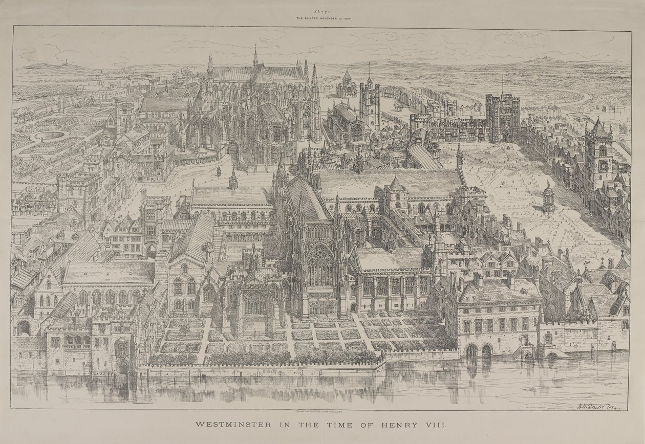 Aerial View of Westminster Abbey and the Palace of Westminster in the Time of Henry VIII by Henry William Brewer