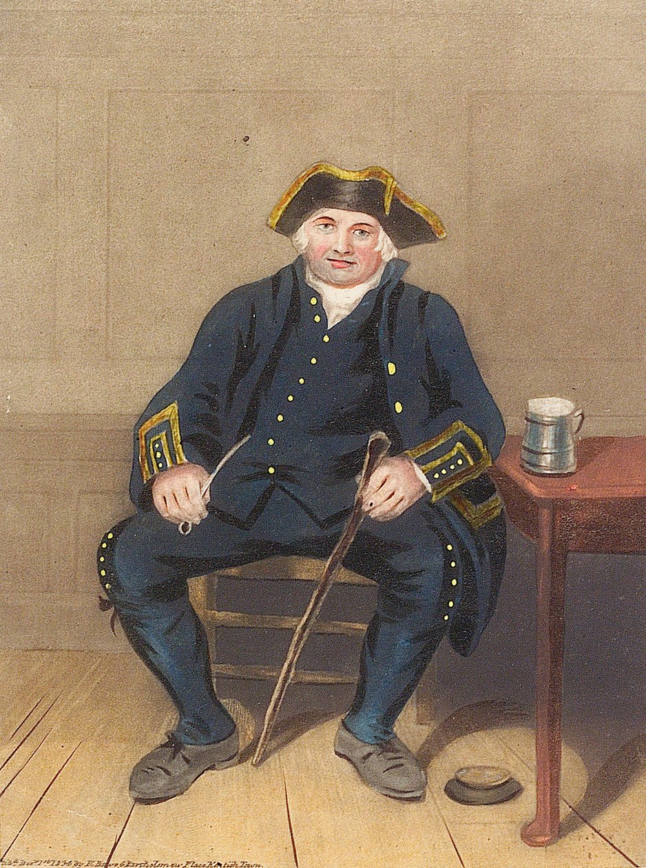 Portrait of Greenwich Pensioner, seated with clay pipe and tankard by Henry (after) Dawe