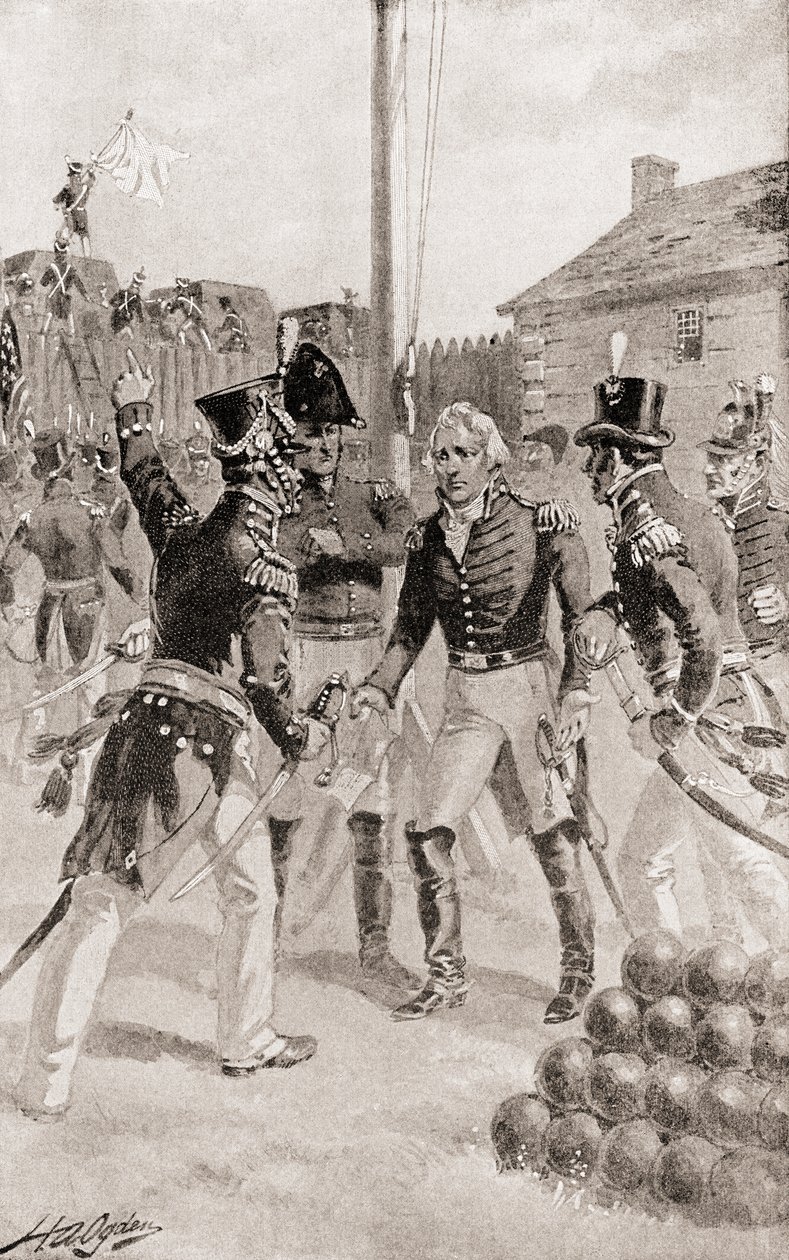 Brigadier General William Hull surrenders the fort and town of Detroit, Michigan, America during The Siege of Detroit, from The History of Our Country, published 1905 by Henry Alexander Ogden