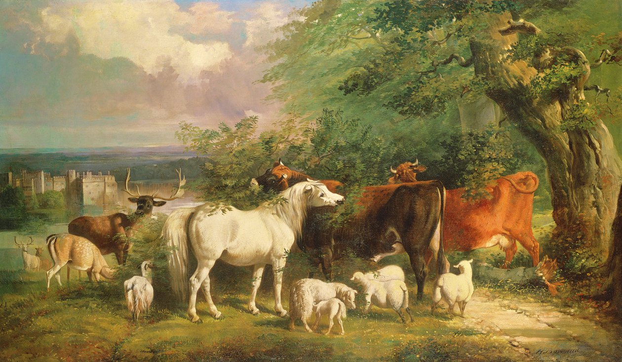 Haddon Hall with Sheep, Cattle, a Stag and a Pony by Henry Barraud