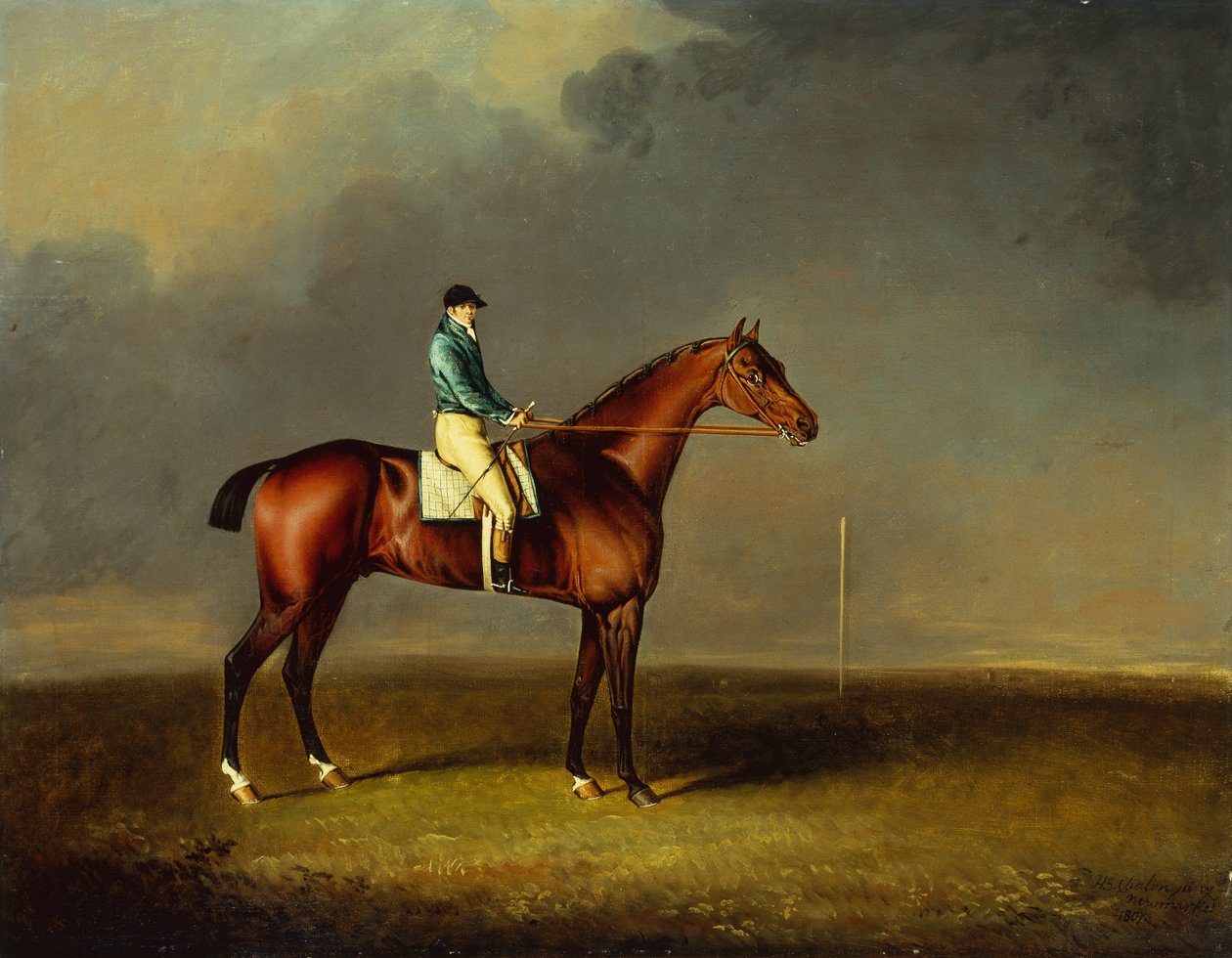 His Royal Highness, the Prince of Wales Bay Racehorse Sir David by Trumpator with Chifney Up, at Newmarket Heath by Henry Bernard Chalon