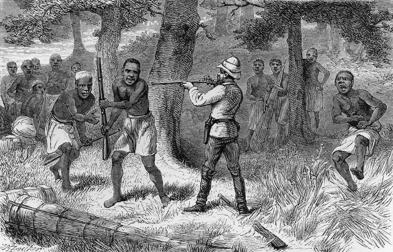 Natives rebelling along banks of Gombe river, Tanzania (engraving) by Henry Morton Stanley