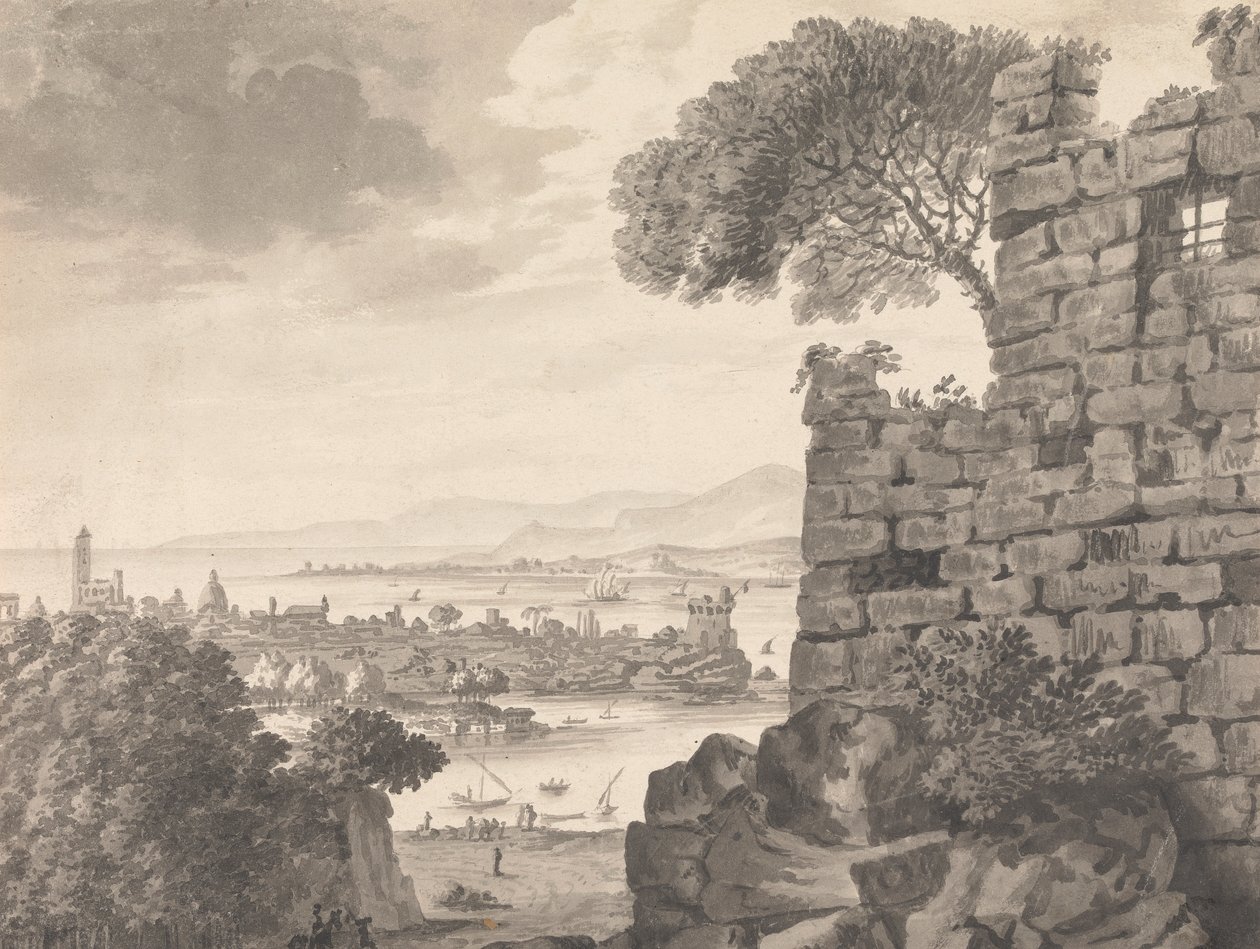Landscape with Ruins in the Foreground, Harbor and Village, in Background by Henry Swinburne