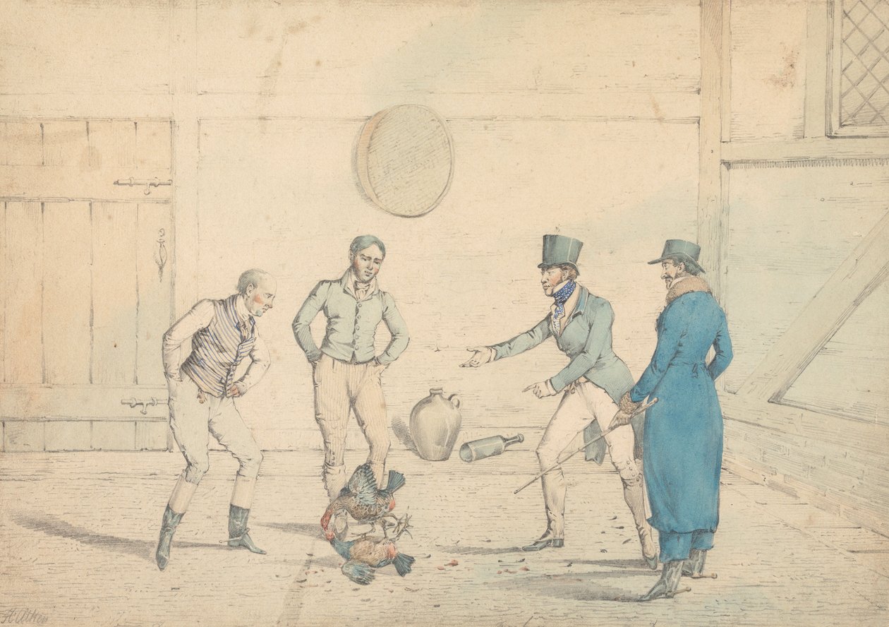 A Cock-Fight Watched by Four Men in an Out-House: The Fight, Engraved as Plate 39 in "The National Sports of Great Britain" by Henry Thomas Alken