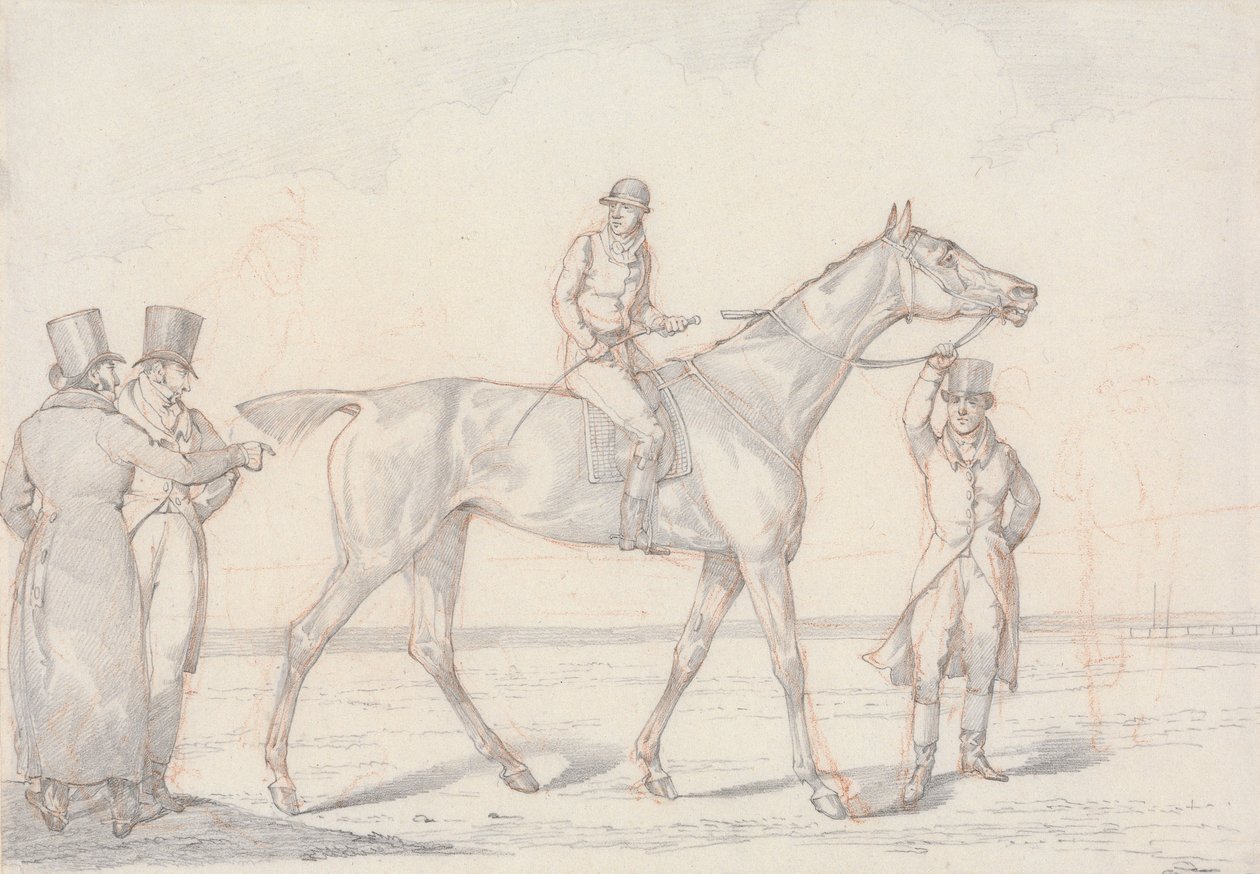 “Scraps”, No. 15: Racehorse with Jockey Up, Two Men Discussing the Horse by Henry Thomas Alken