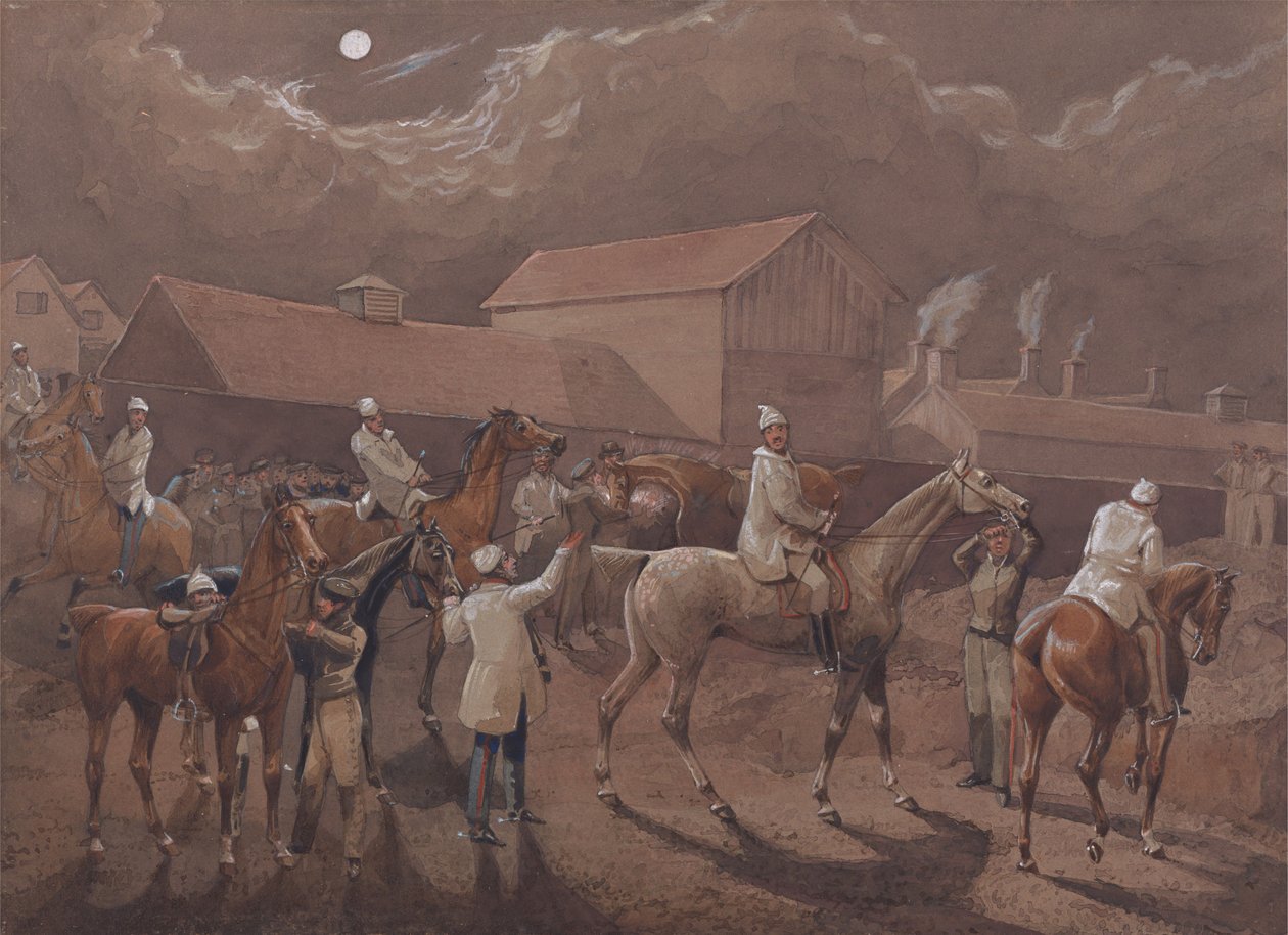 The Night Riders of Nacton: Preparing to Start. Ipswich, the Watering Place behind the Barracks by Henry Thomas Alken