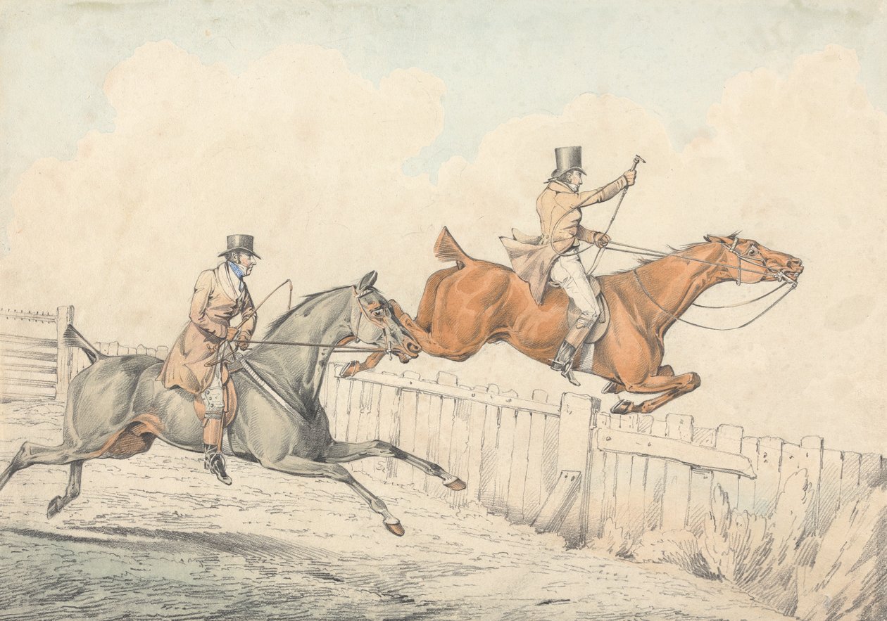Two Riders Jumping a Wooden Fence by Henry Thomas Alken