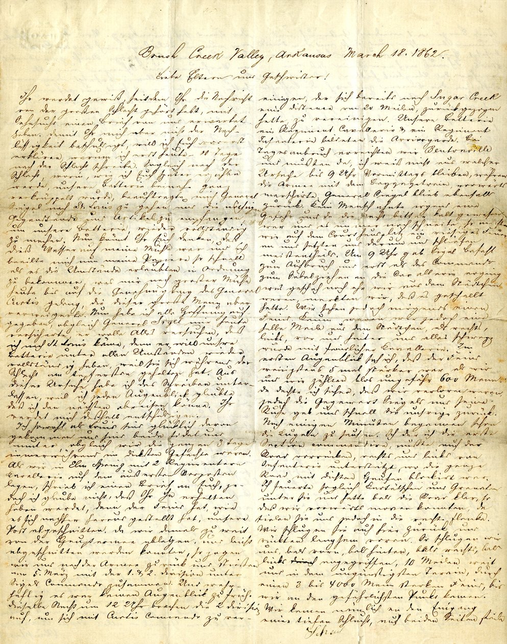 Letter signed Henry [Henry Voelkner], Brush Creek Valley, Arkansas, to his parents, brothers, and sisters, March 18, 1862 by Henry Voelkner