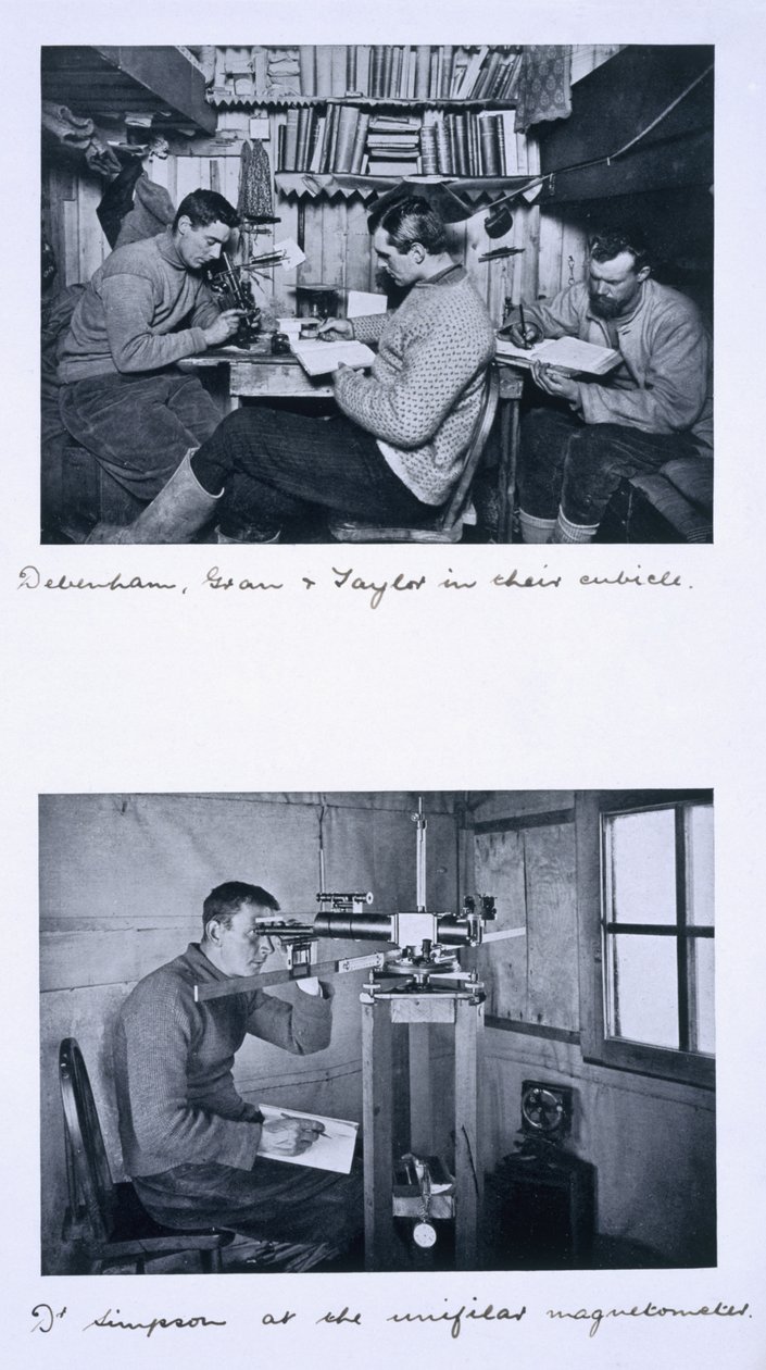Top: Debenham, Gran and Taylor in their cubicle. Bottom: Dr Simpson at the unifilar magnetometer. Scott