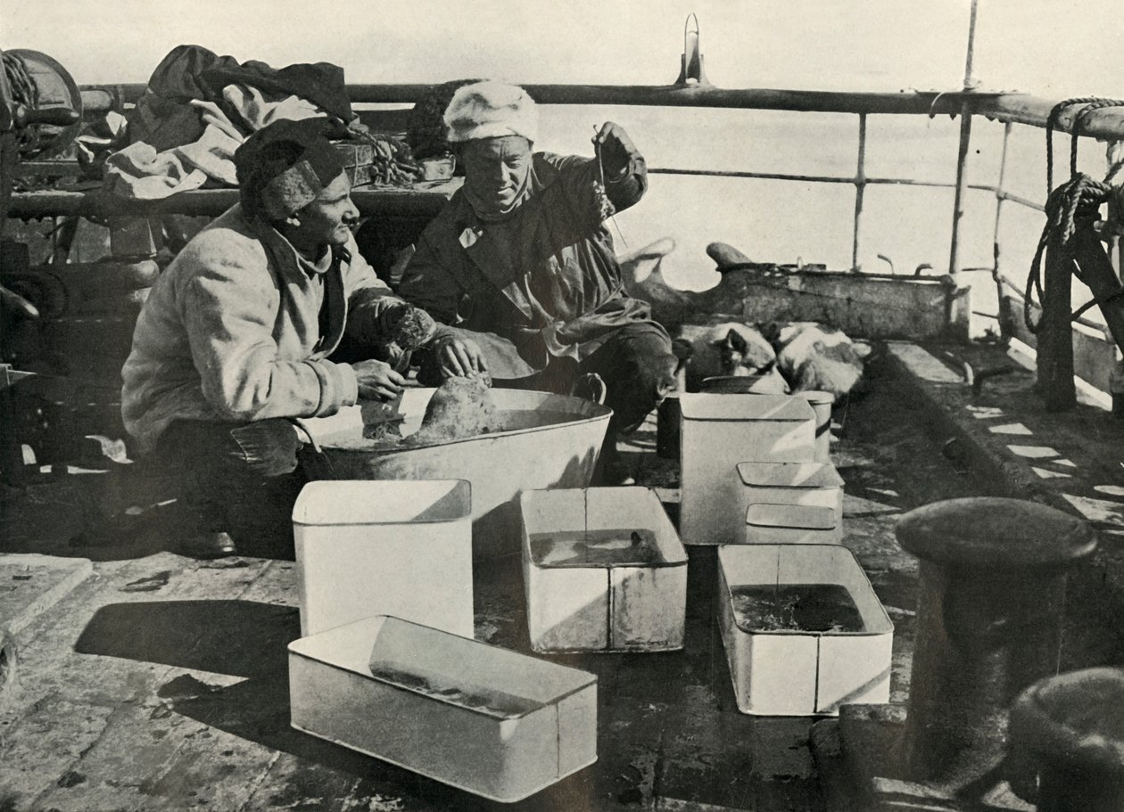 Lillie and Dr. Levick Sorting a Trawl Catch, c. 1910-1913 by Herbert Ponting