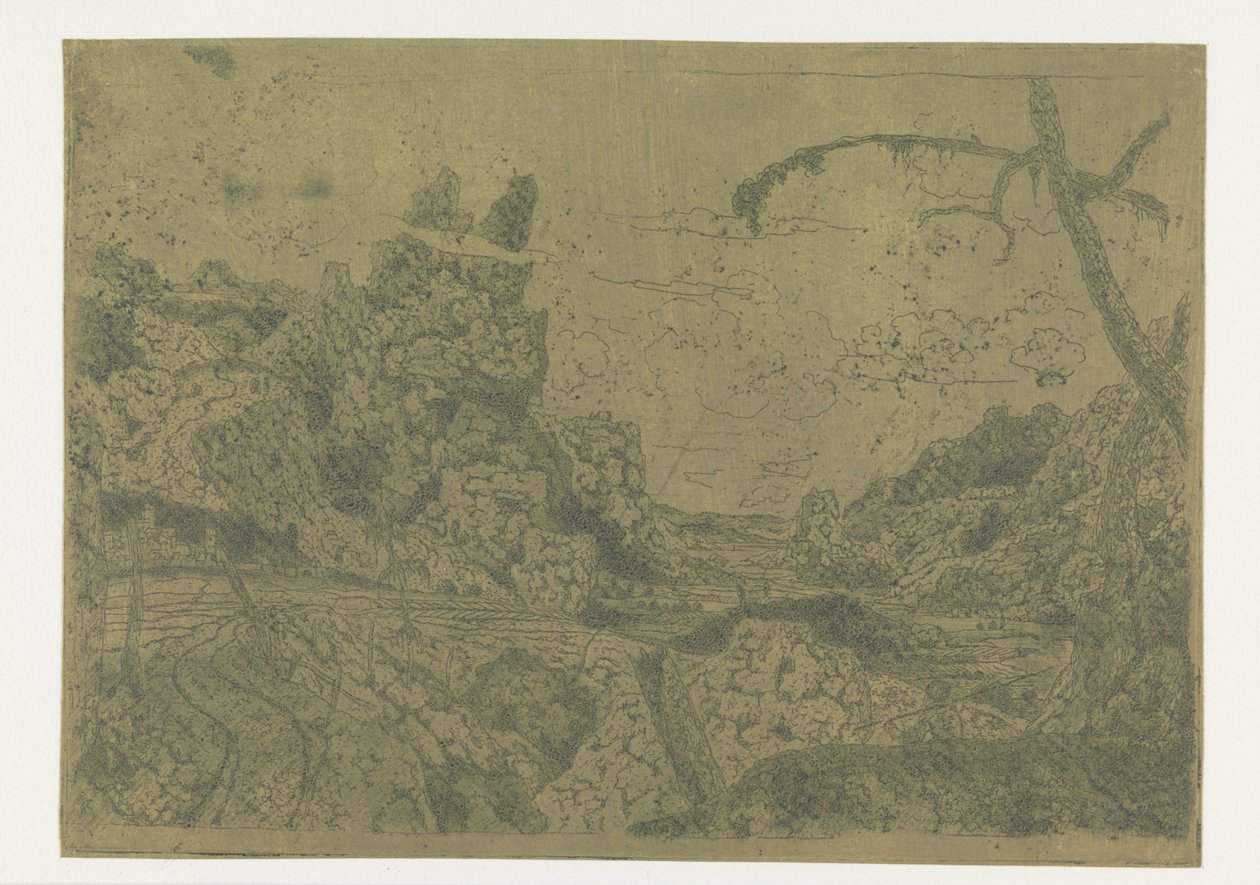 Mountain Valley, at the Right a Man Carrying a Stick by Hercules Segers