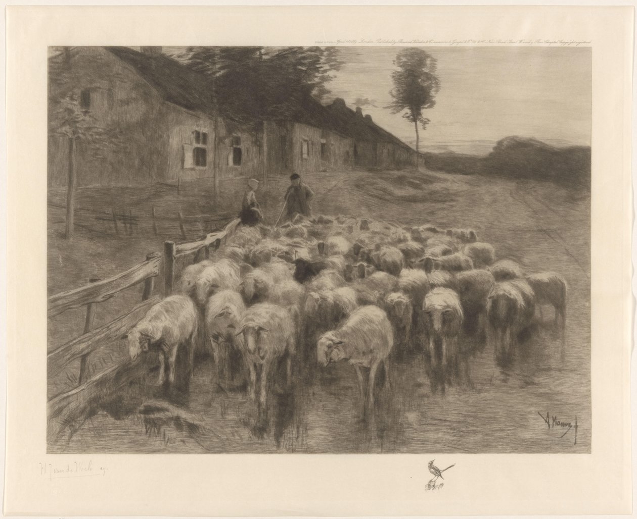Shepherd and a Woman with a Flock of Sheep by Herman Johannes van der Weele (signed by artist)