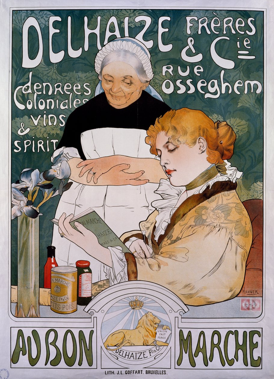 Lady and maid, poster for company Delhaize Freres et Cie au bon marche by Herman Richir