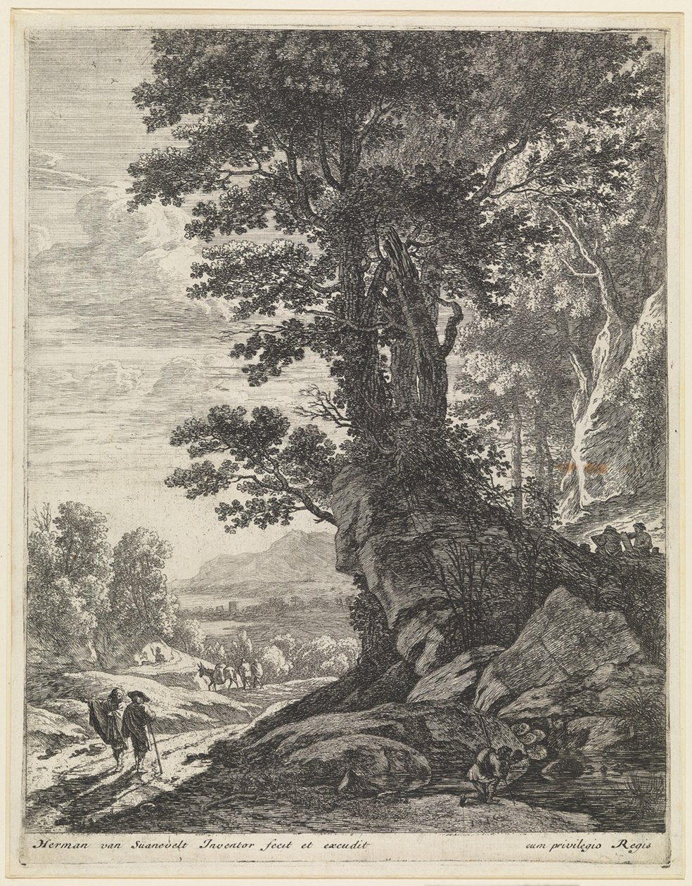Landscape with painters at the foot of a group of trees by Herman van Swanevelt