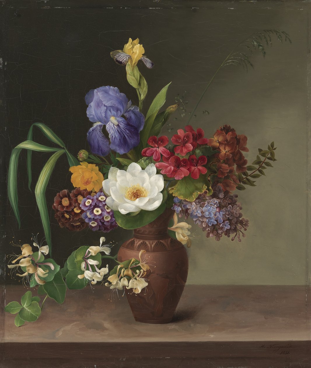 Vase in Greek Style with Iris, Lilac and Honeysuckle by Hermania Neergaard