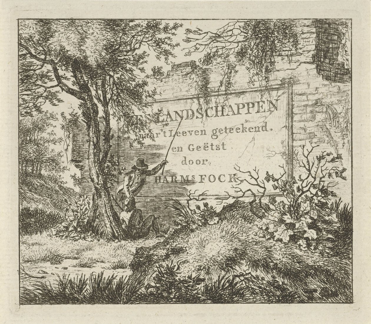 Two Men by a Wall (Six Landscapes) by Hermanus Fock