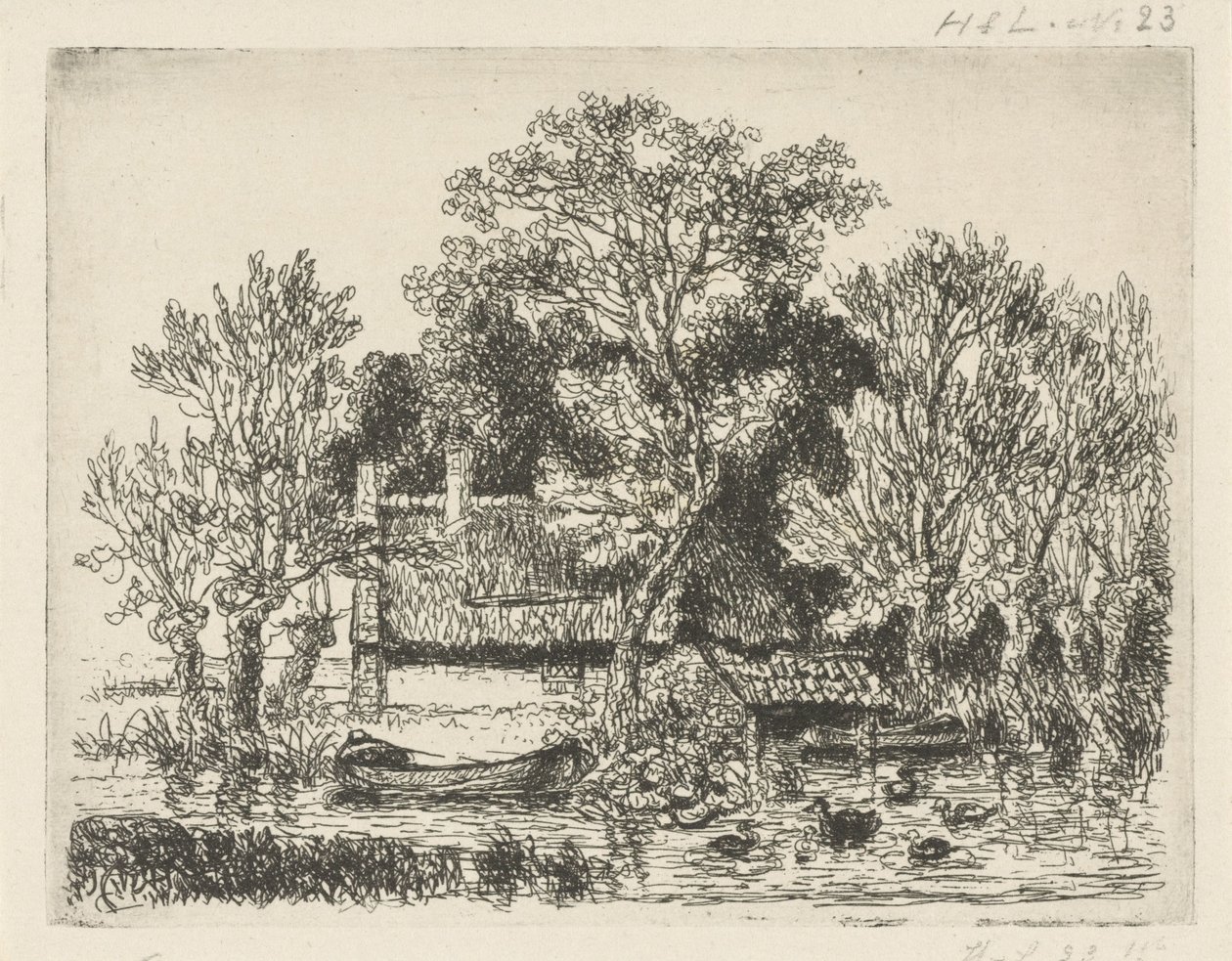 River View with a Boat and Ducks by Hermanus Jan Hendrik van Rijkelijkhuysen