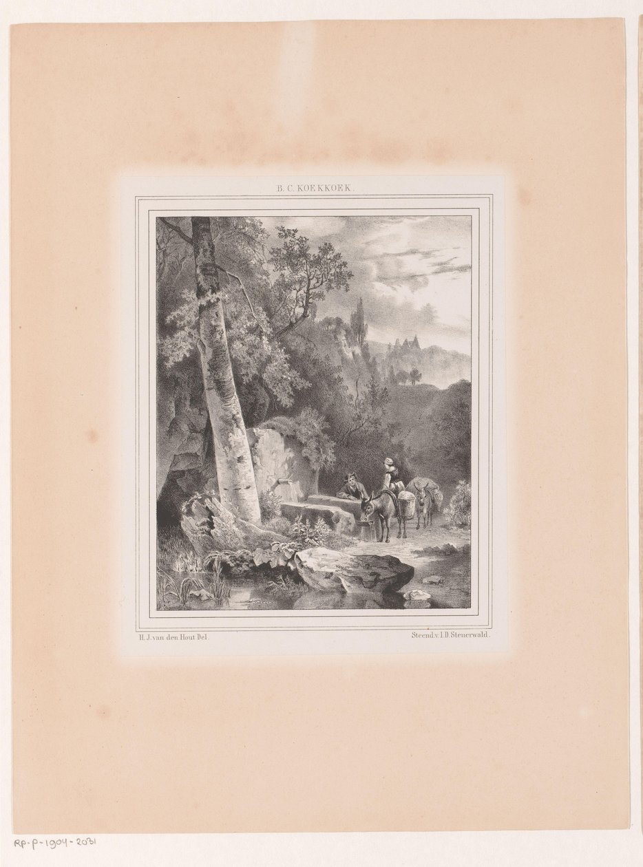 Landscape with Man, Woman, and Two Donkeys by a Well by Hermanus Johannes van den Hout