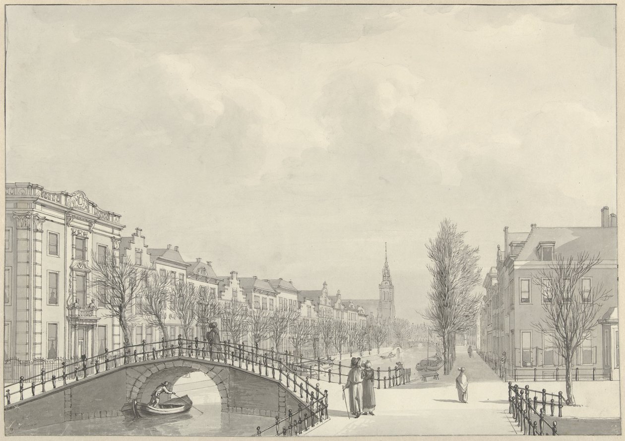 View of the Rapenburg in Leiden from the Nieuwsteeg Bridge, 1807 by Hermanus Numan (signed by artist)