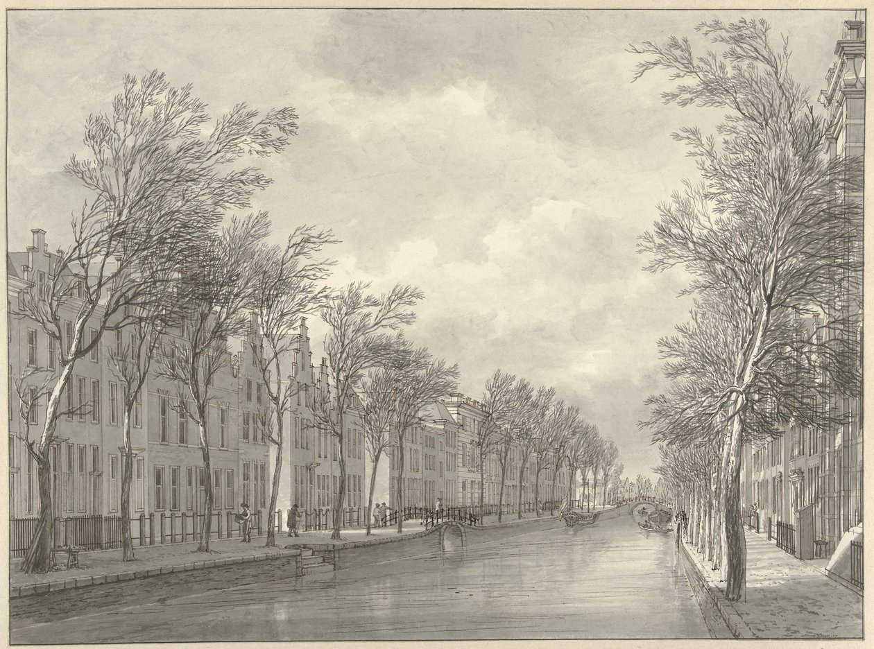 View of the Rapenburg in Leiden from the Groenebrug, 1807 by Hermanus Numan (signed by artist)