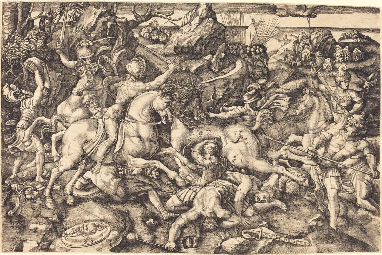 Combat between Horsemen and Foot Soldiers by Hieronymus Hopfer after Raphael