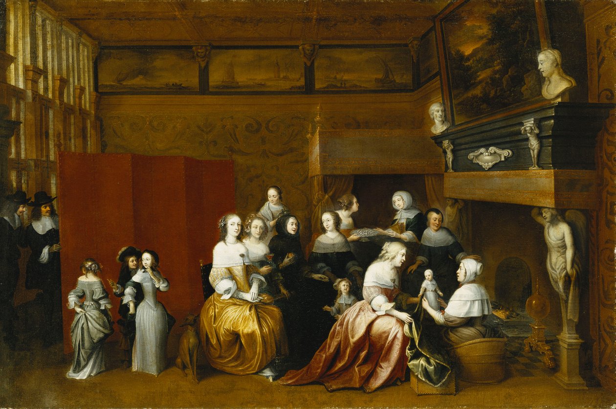 Ladies Celebrating the Birth of a Child, and Gentlemen Looking on from Behind a Screen, in an Interior by Hieronymus Janssens