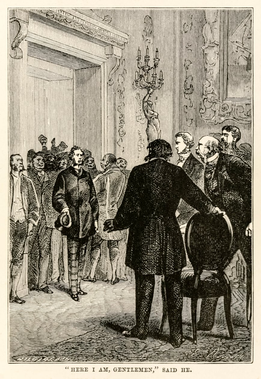 Here I am gentlemen, said he, from Around the World in Eighty Days by Jules Verne, engraved by Henri-Théophile Hildebrand, 1873 by Hippolyte Leon after Benett