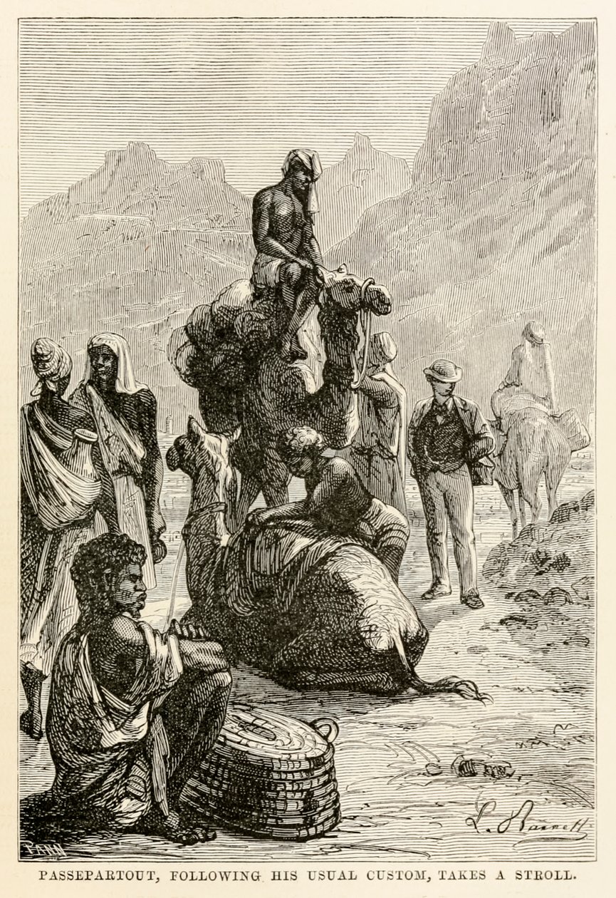 Passepartout, following his usual custom, takes a stroll, from Around the World in Eighty Days by Jules Verne by Hippolyte Leon after Benett