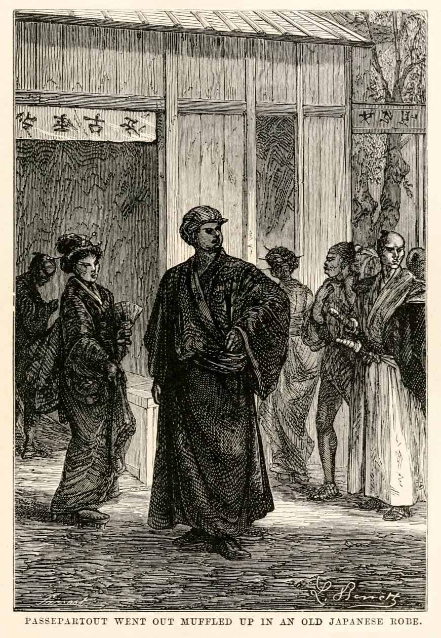 Passepartout went out muffled up in an old Japanese robe, from Around the World in Eighty Days by Jules Verne, engraved by Louis Prevost, 1873 by Hippolyte Leon after Benett