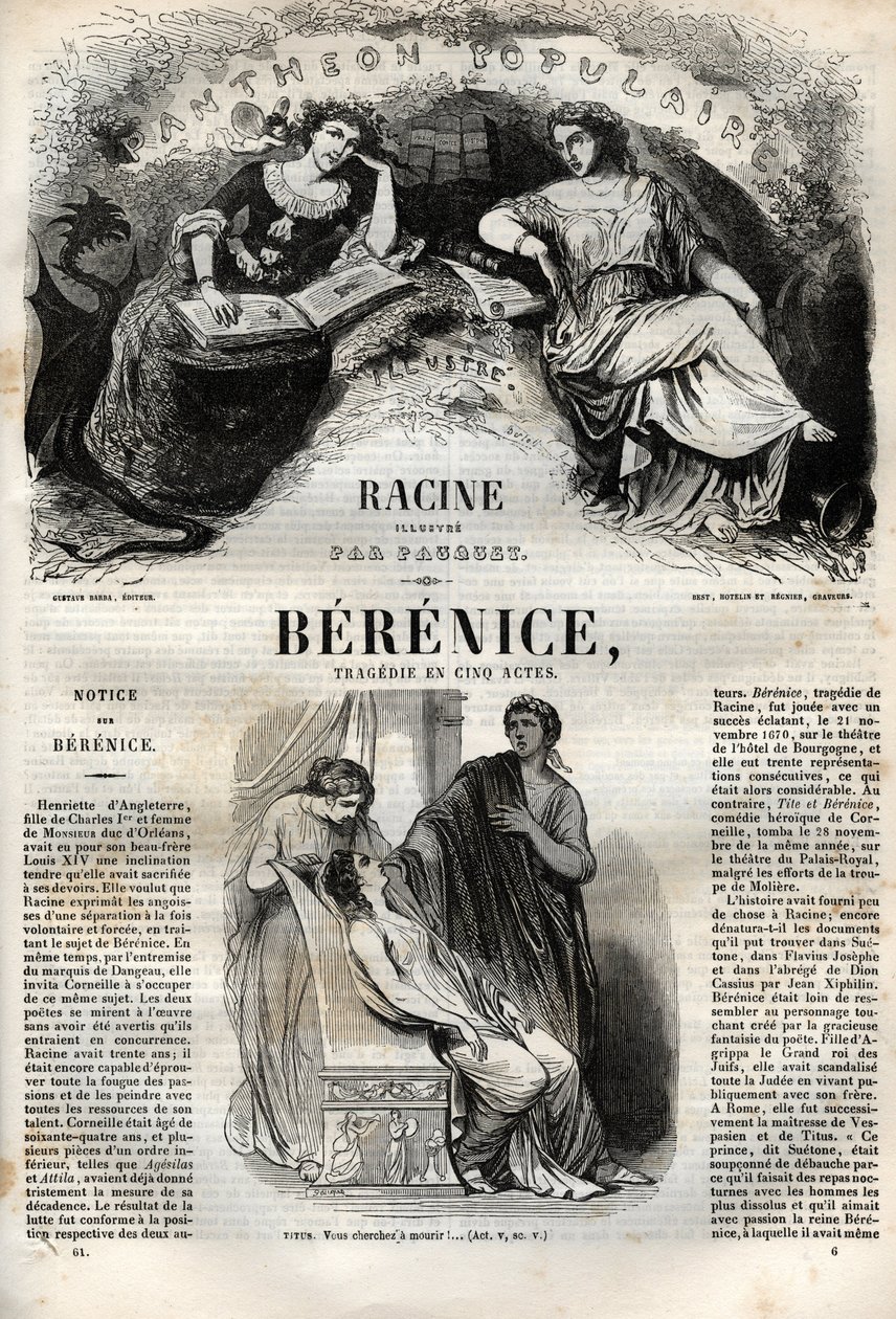 Berenice tragedy in five acts - engraving in Oeuvres de Jean Racine illustrated by Pauquet and notice by Emile de La Bedolliere - 1851 by Hippolyte Louis Pauquet