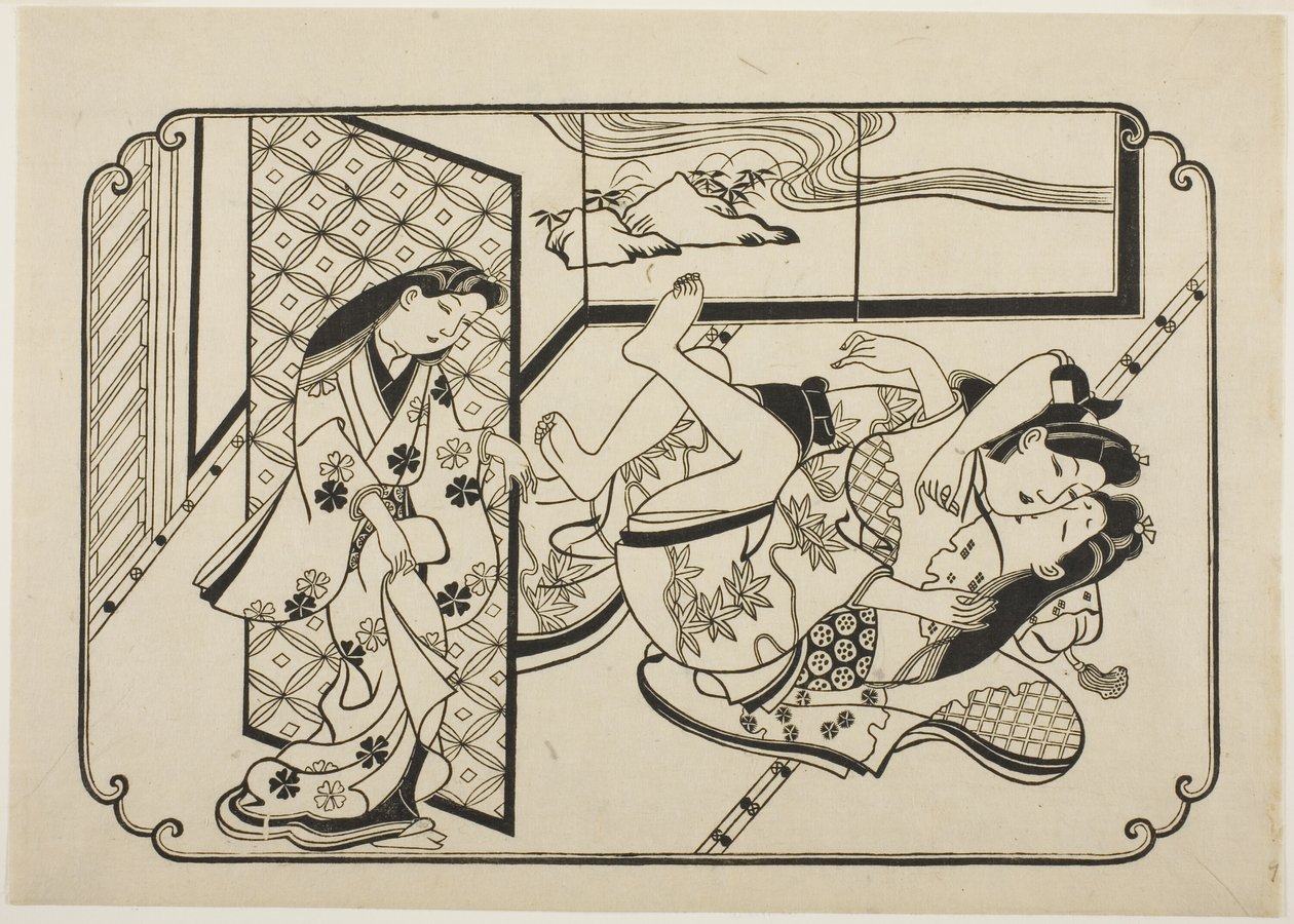 A Courtesan with Her Client, the First Sheet of an Untitled Erotic Picture Album by Hishikawa Moronobu
