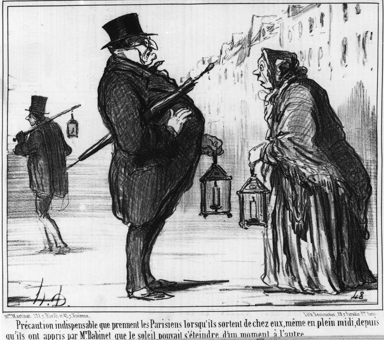 Indispensable precaution that Parisians take when they leave their homes, even in the middle of noon, since they were taught by Monsieur Babinet that the sun could fade from one moment to the next, cartoon by Honore Daumier. 