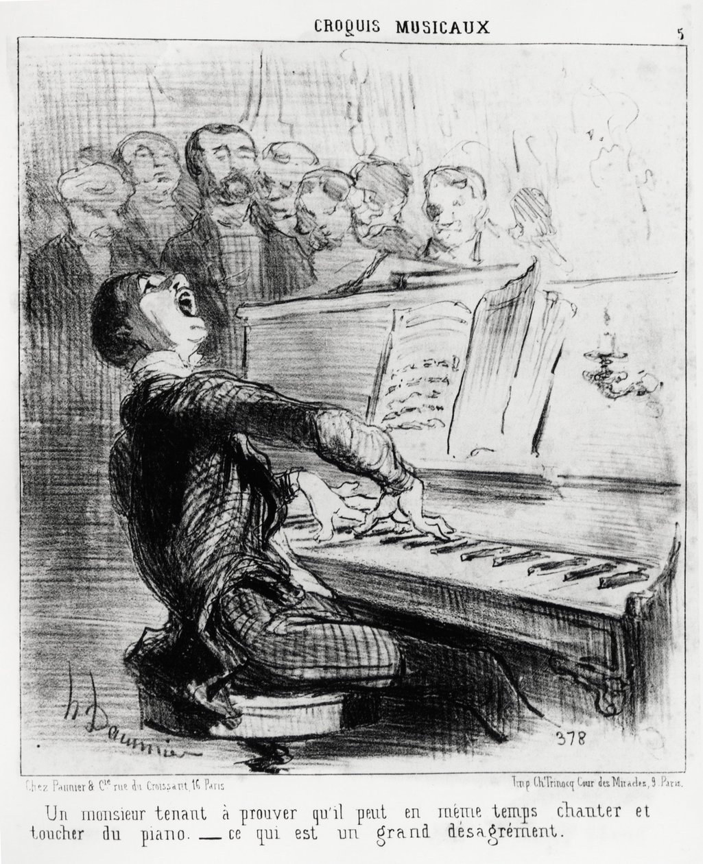 Musical sketches: a gentleman who is keen to prove that he can at the same time sing and play the piano, which is very disgraceful. Illustration by Honore Daumier, published in Charivari, dated 17 February 1852 by Honoré Daumier