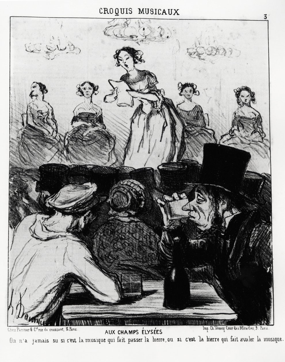 Musical sketches: at Champs Elysees, we never knew whether it is music that makes beer pass or beer that makes music swallow. Illustration by Honore Daumier, published in Charivari, dated 12 February 1852 by Honoré Daumier