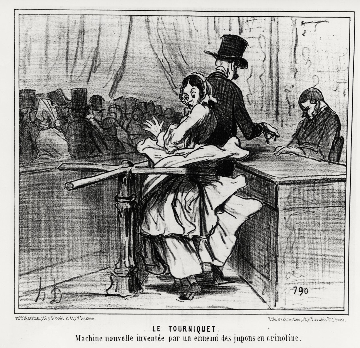 Universal exhibition: the turnstile: a new machine invented by a crinoline petticoats enemy. Illustration by Honore Daumier, published in 