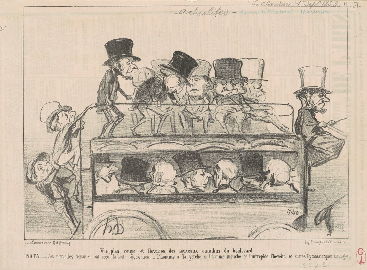 View... and elevation of... boulevard omnibuses... by Honoré Daumier