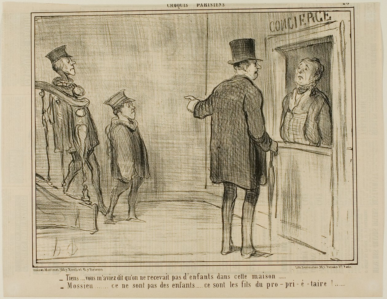 But you told me that children are not allowed in this house... - Sir, these are not children... they are the sons of the owner!, plate 23 from Croquis Parisiens, - par Daumier by Honoré Victorin Daumier