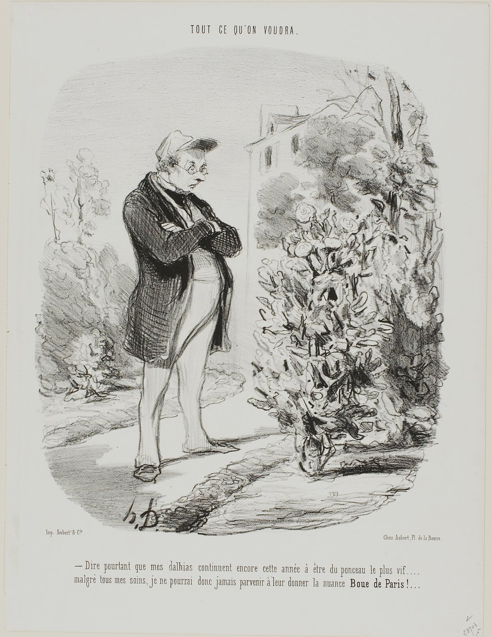 "- Dire pourtant que mes dahlias continuent encore cette année à être du ponceau le plus vif." Plate 6 from Tout Ce Qu