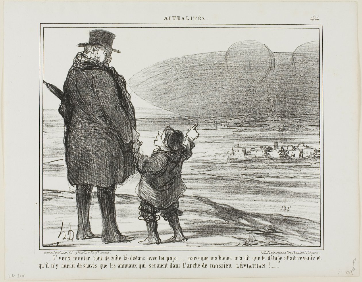 I want to go on this ship with you at once, Papa, my nanny said that the deluge will come again, and the only ones who will be saved, will be the animals on the ark of Mr. Leviathan!, plate 484 from Actualités by Honoré Victorin Daumier