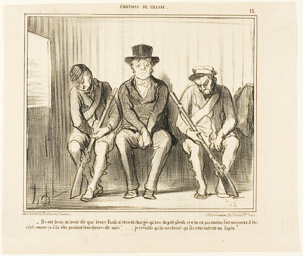 In spite of all their assertions that their guns are only loaded with small shots, it is nonetheless annoying to be aimed at the head like this for three consecutive hours... I tremble at the thought that they might dream of an encounter with a rabbit... by Honoré Victorin Daumier