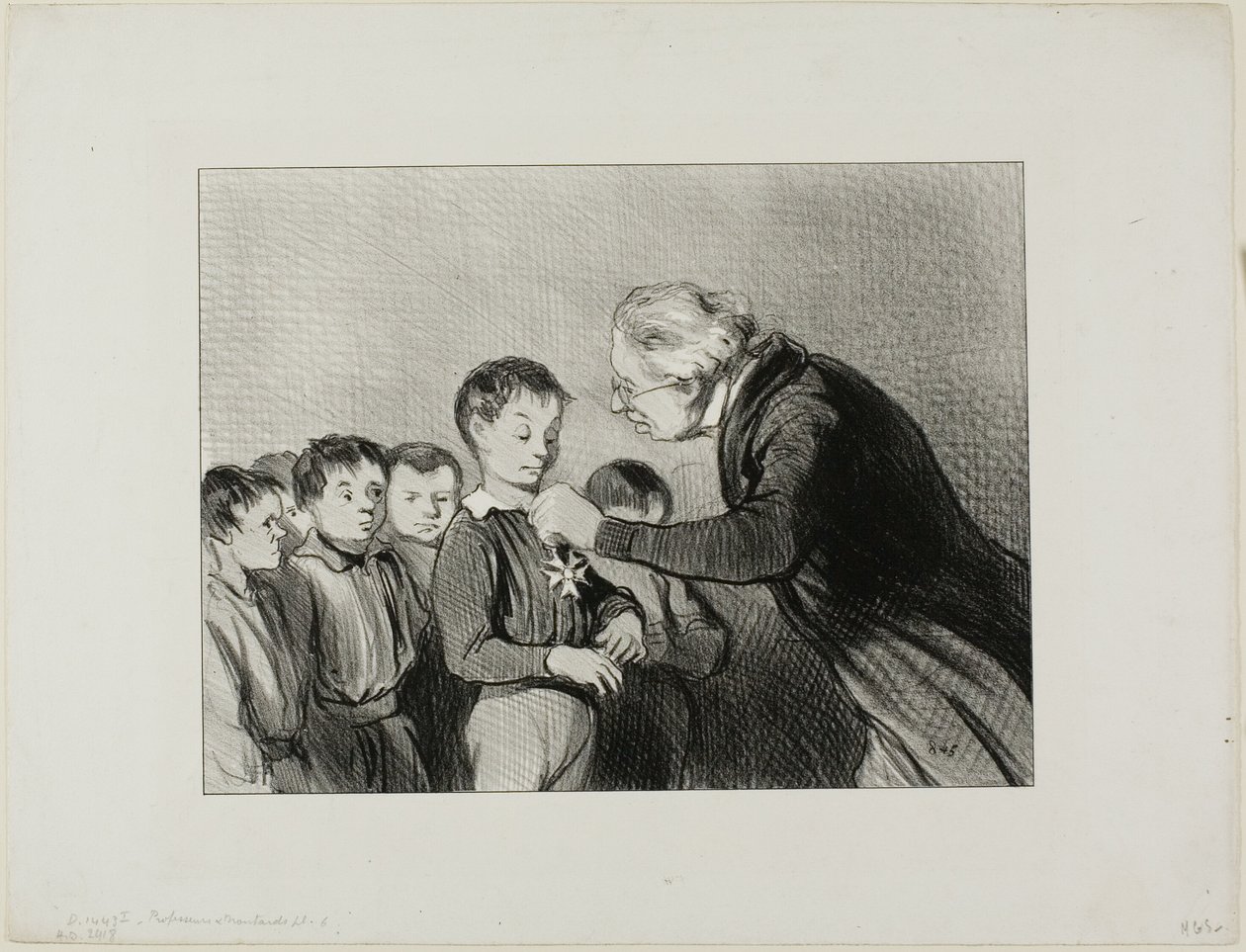"- Mr. Alfred Cabassol! You are the only one in the class who succeeded to get through the entire week without blowing your nose into your sleeve. Please stand to receive this prize of honour for cleanliness," plate 6 from Professeurs Et Moutards by Honoré Victorin Daumier