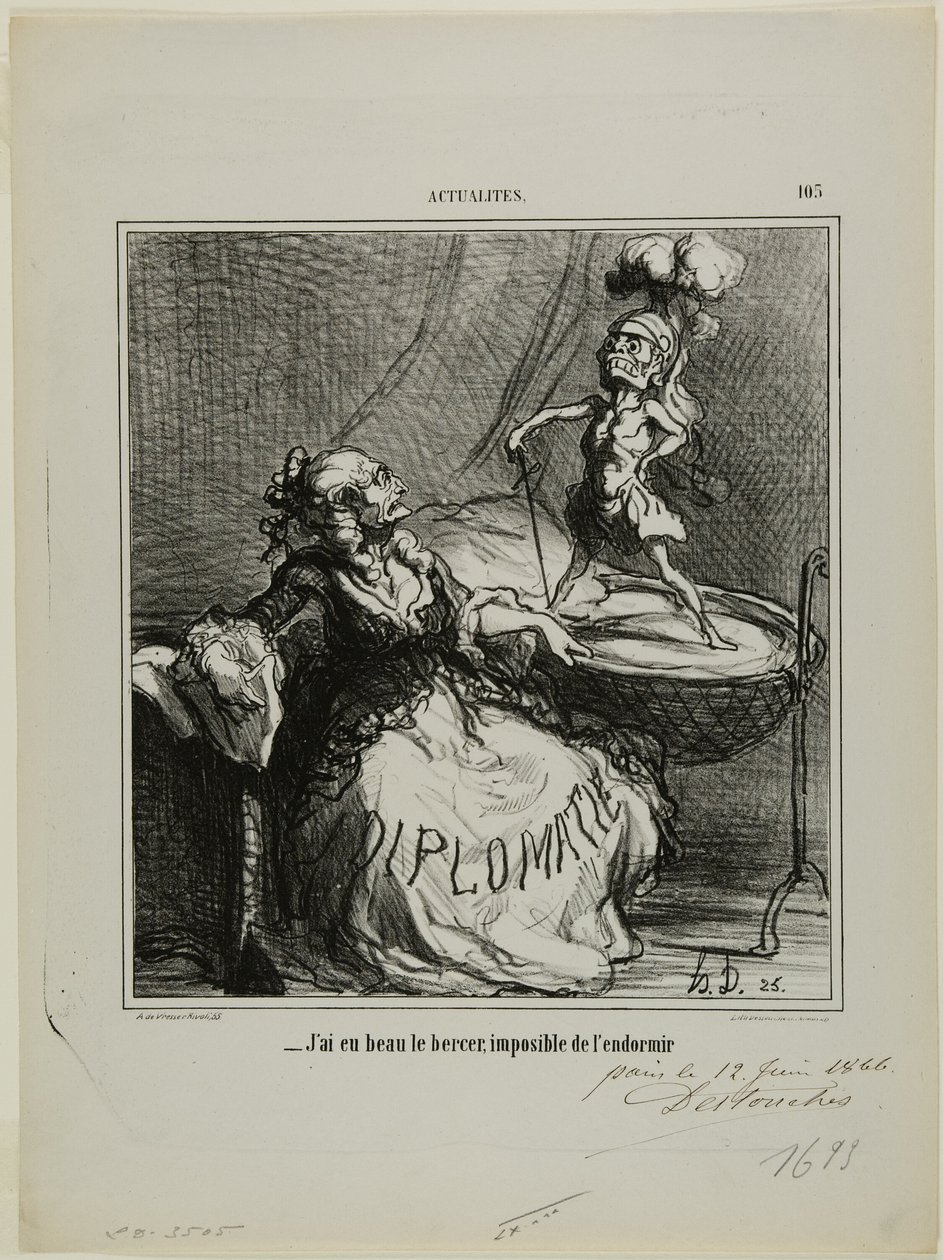 “- No matter how much I rock him, it is impossible to make him fall asleep,” plate 105 from Actualités by Honoré Victorin Daumier