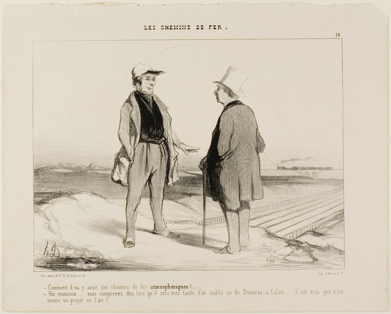 “- What do you mean, there are soon going to be air trains? - But of course, Monsieur... you see, it will then be very easy to establish a connection between Dover and Calais... but of course, the project is still suspended in air,” plate 14 from The Railr by Honoré Victorin Daumier