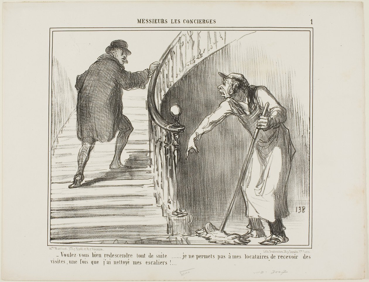 "- Would you please come back immediately... I do not allow my tenants to receive visitors once I have cleaned the staircase," plate 1 from Messieurs Les Concierges by Honoré Victorin Daumier
