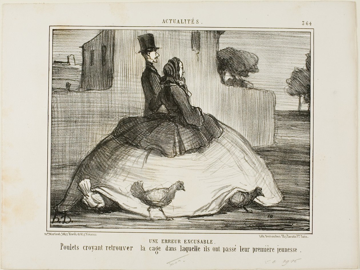 An Excusable Error. Chickens thinking they have found the cage where they spent their early childhood, plate 21 from Crinolomania by Honoré Victorin Daumier