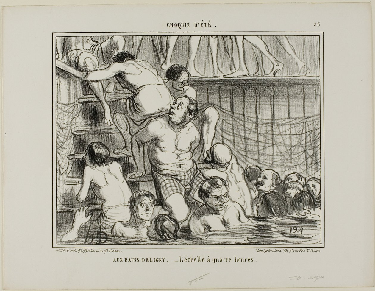 At the Deligny Baths. - The ladder at 4 p.m., plate 33 from Summer Sketches by Honoré Victorin Daumier