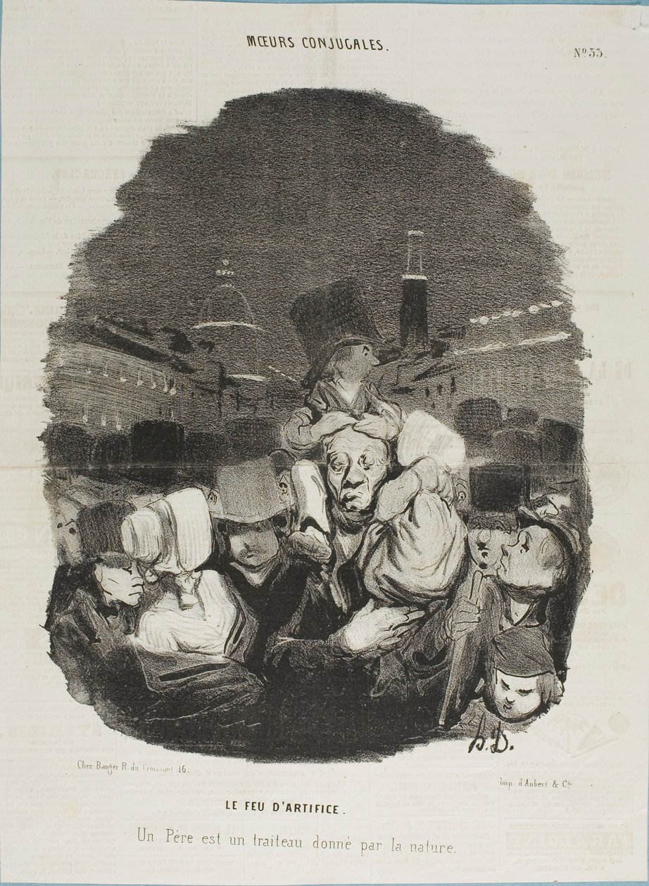 At the Fireworks Display. A father is a draft horse, provided by nature, plate 33 from Moeurs Conjugales and plate 14 in Actualités by Honoré Victorin Daumier