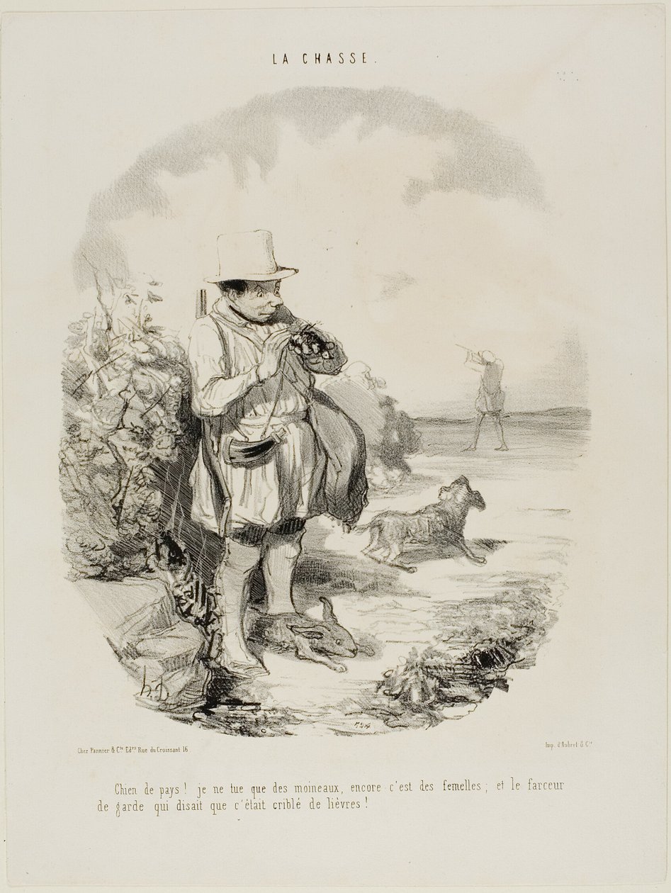 “Damn country! I only shoot sparrows.... and just females... and this ingenious guard insisted the place is full of rabbits,” plate 5 from La Chasse by Honoré Victorin Daumier