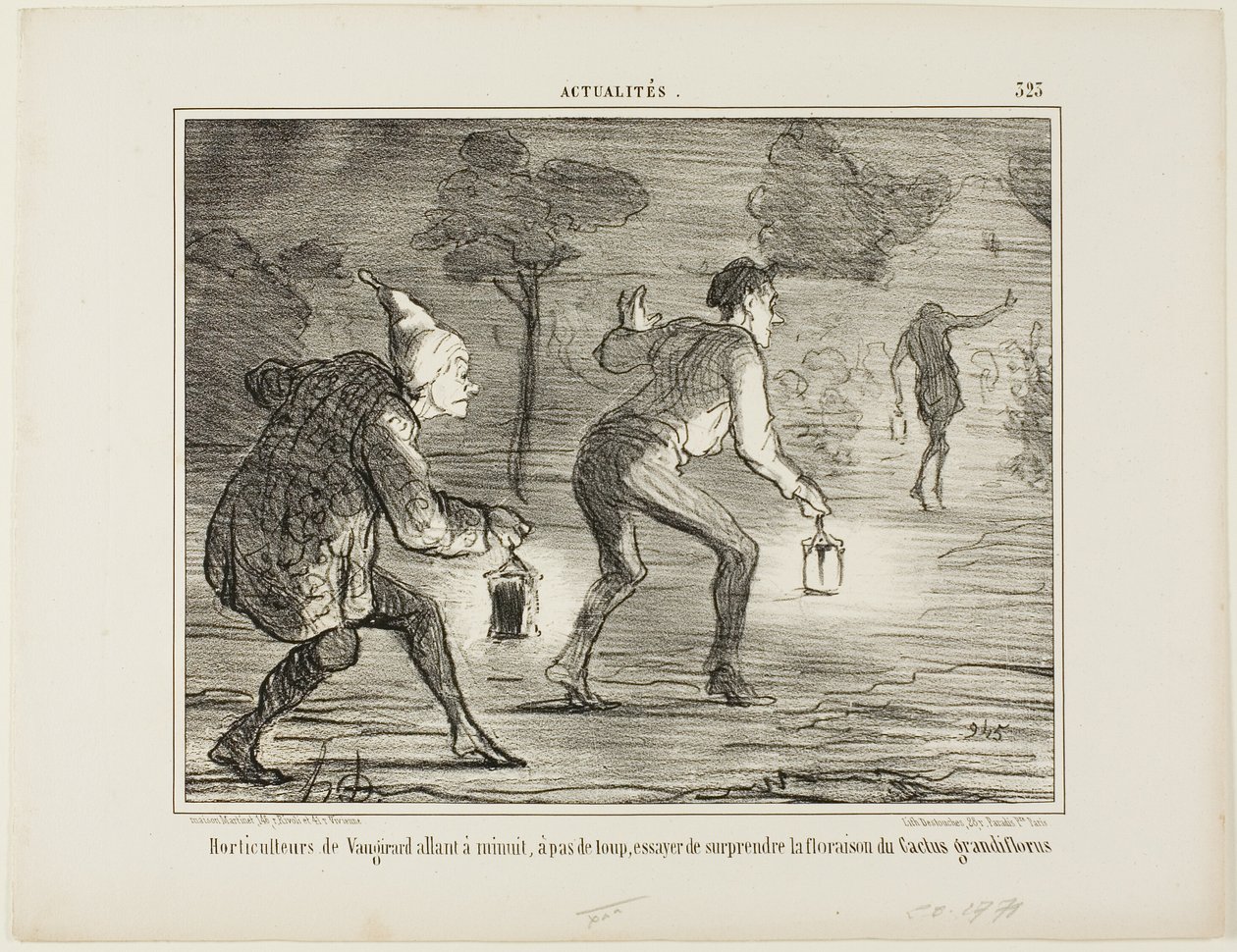 Horticulturists of Nanterre tiptoeing at midnight towards the cactus grandiflorus in order to surprise it in its blossoming, plate 323 from Actualités by Honoré Victorin Daumier